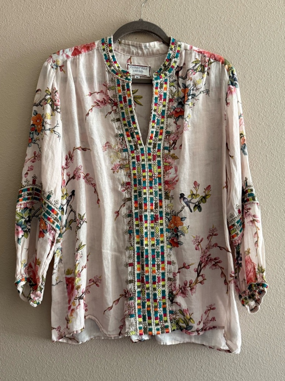 Johnny Was Women’s Floral & Bird Blouse, Embroidered Boho Tunic Top Pink, Size M